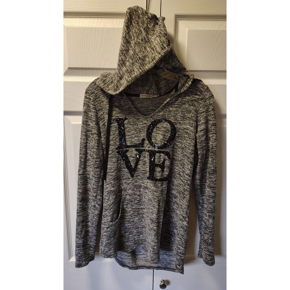 Chance or Fate Sequin LOVE Hoodie Medium Gray Marl Knit Pullover Sweatshirt
